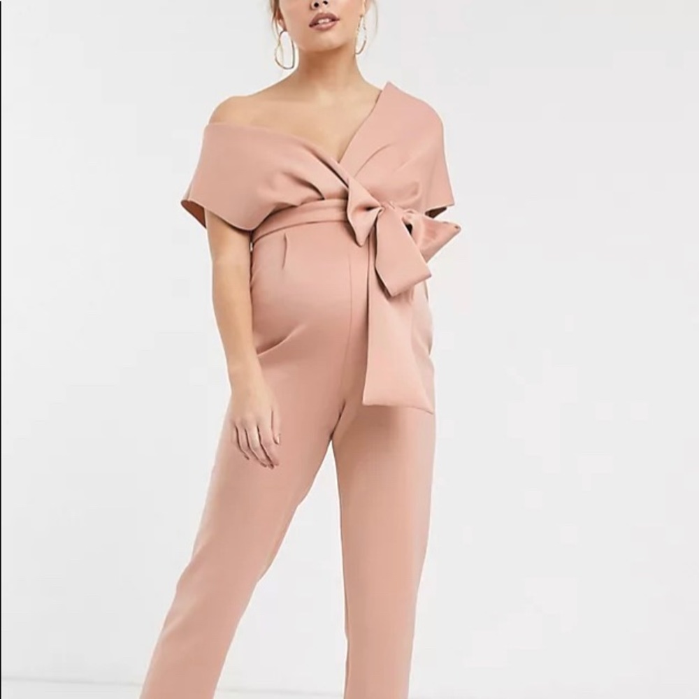 ASOS DESIGN Maternity fallen shoulder scuba jumpsuit in blush pink